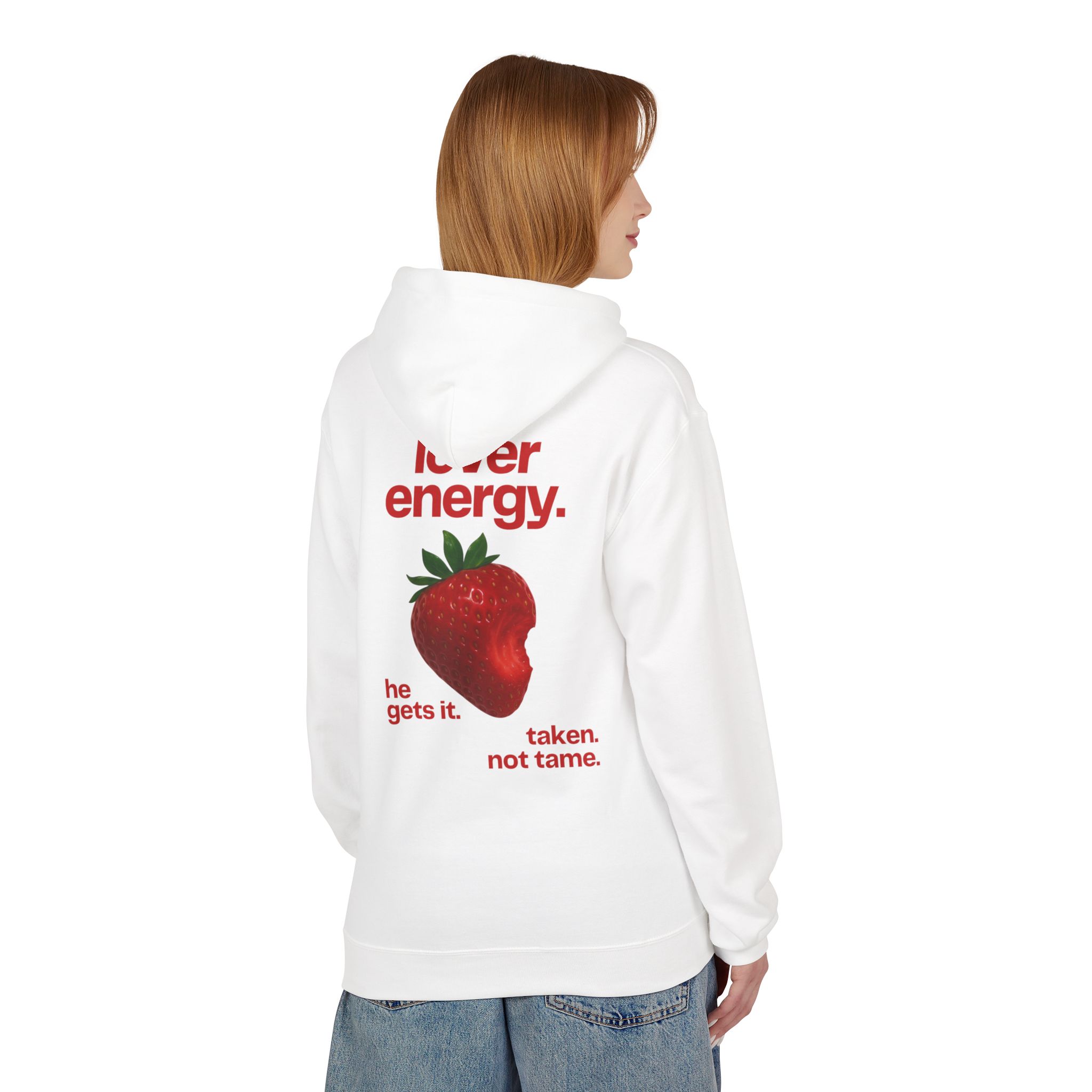 Lover Energy Hoodie — Strawberry Graphic ‘he gets it. taken. not tame.’ - Image 4