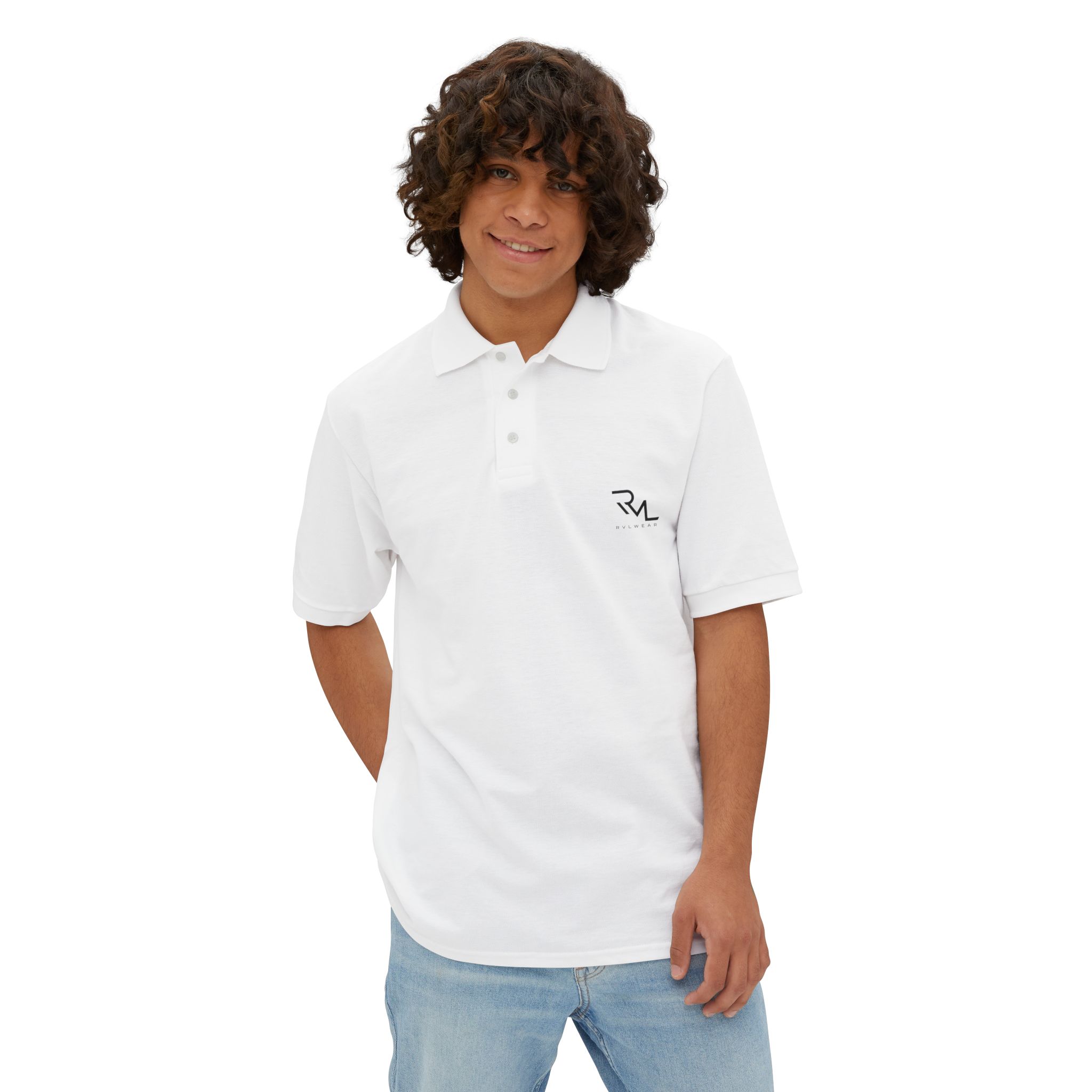 Men's White Piqué Polo Shirt — Minimal Monogram Chest Logo, Classic Golf & Casual Wear