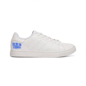 Low-Top Leather Sneakers — Minimal White Casual Trainers with Blue 'RVLWEAR STUDIOS' Accent