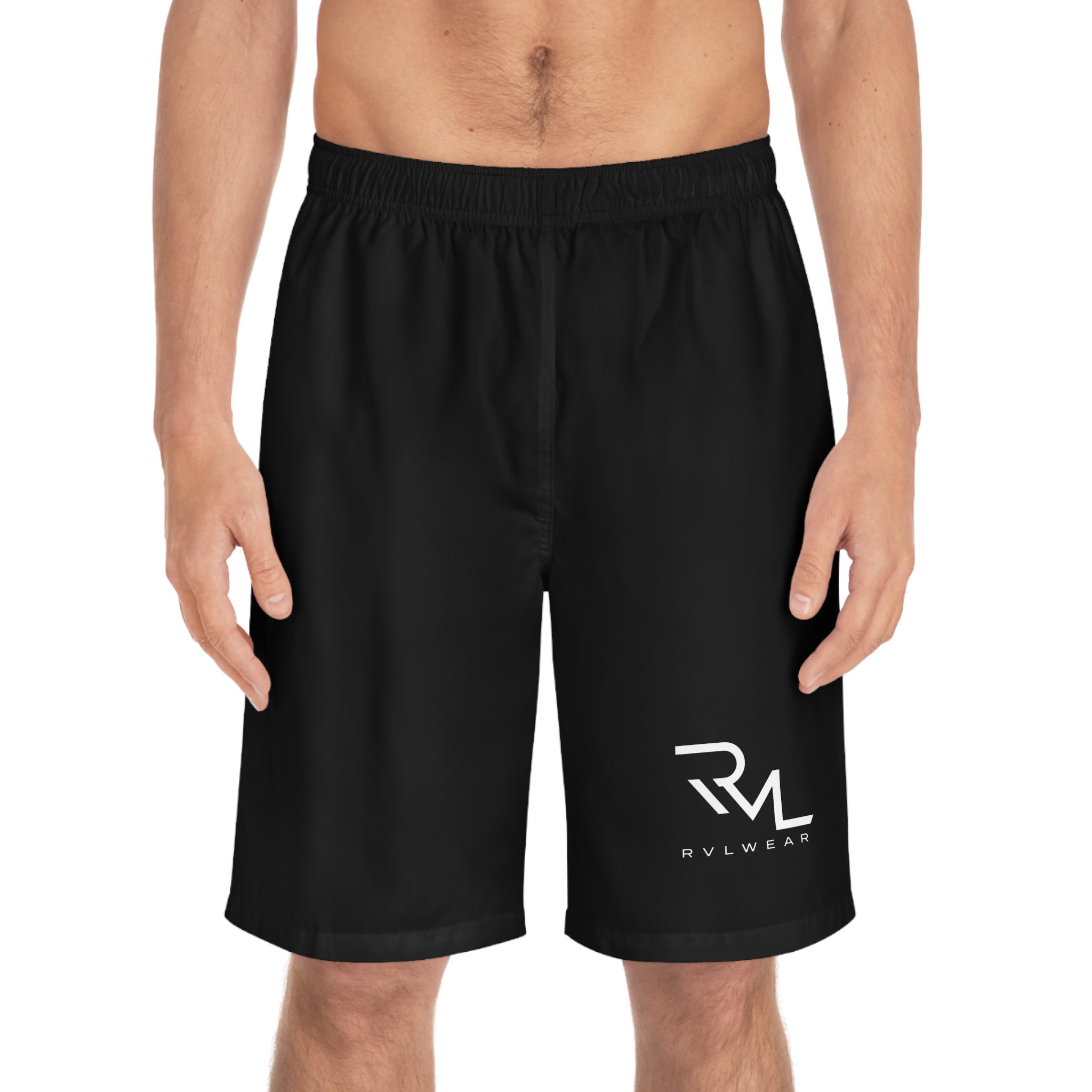 Men's Black Board Shorts — Minimal RVL Logo Swim Trunks